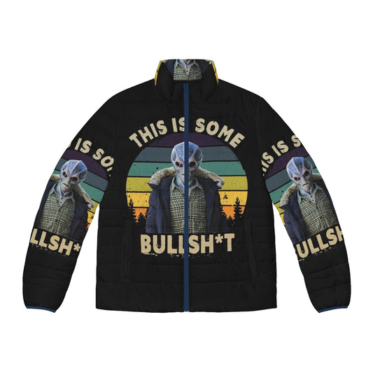 Resident Alien puffer jacket with humorous 'This Is Bullshit' design, perfect for space enthusiasts and sci-fi fans