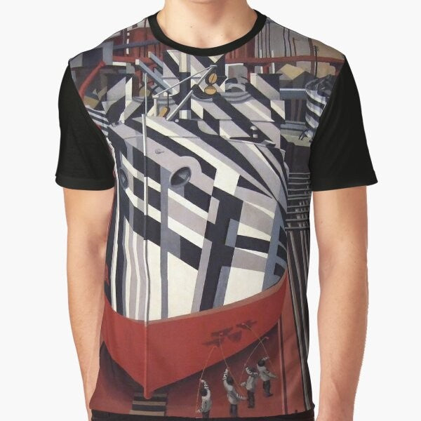 Graphic t-shirt featuring the surrealist masterpiece "Dazzle Ships in Drydock at Liverpool" by the famous artist Edward Wadsworth.