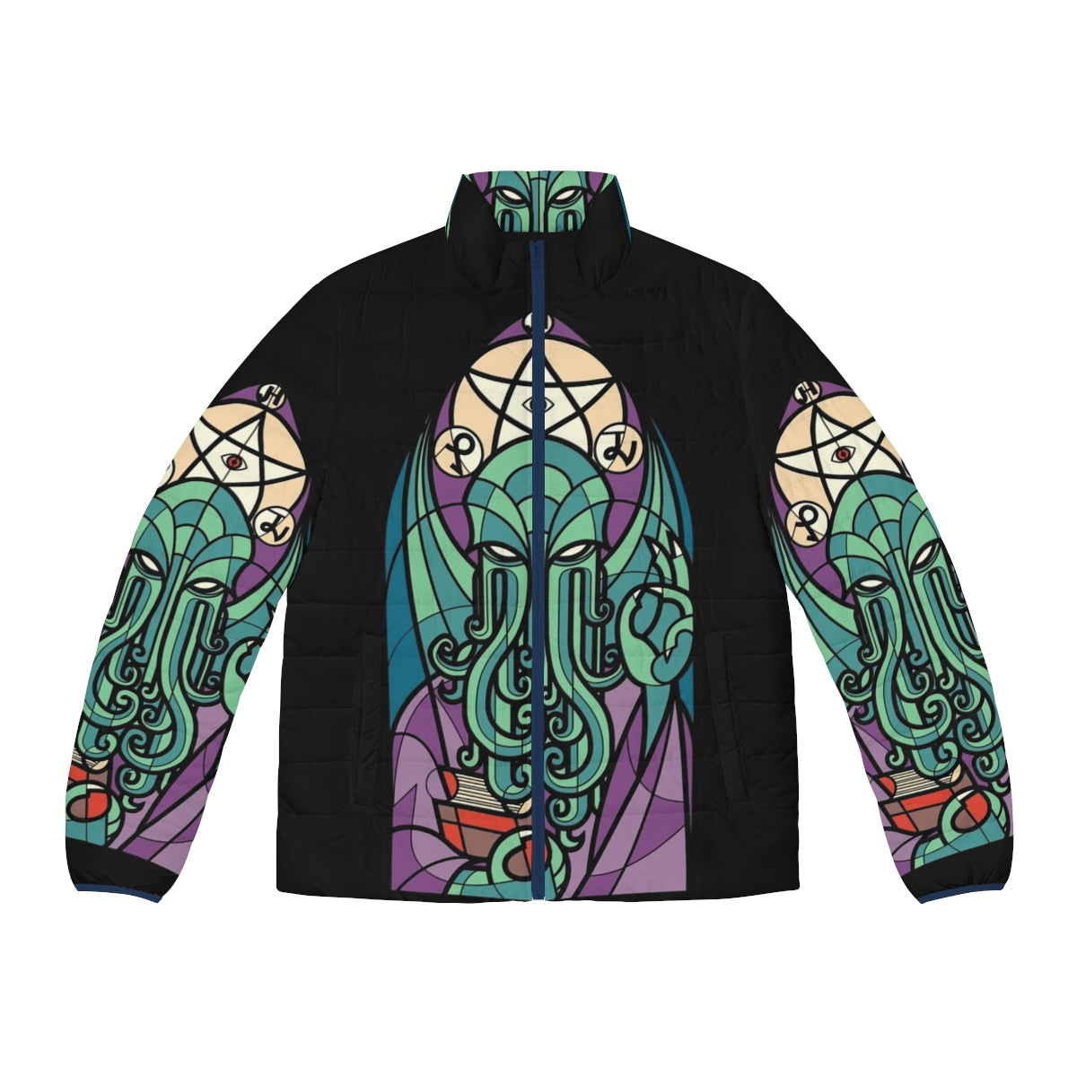 Cthulhu-inspired puffer jacket featuring stained glass cosmic horror design