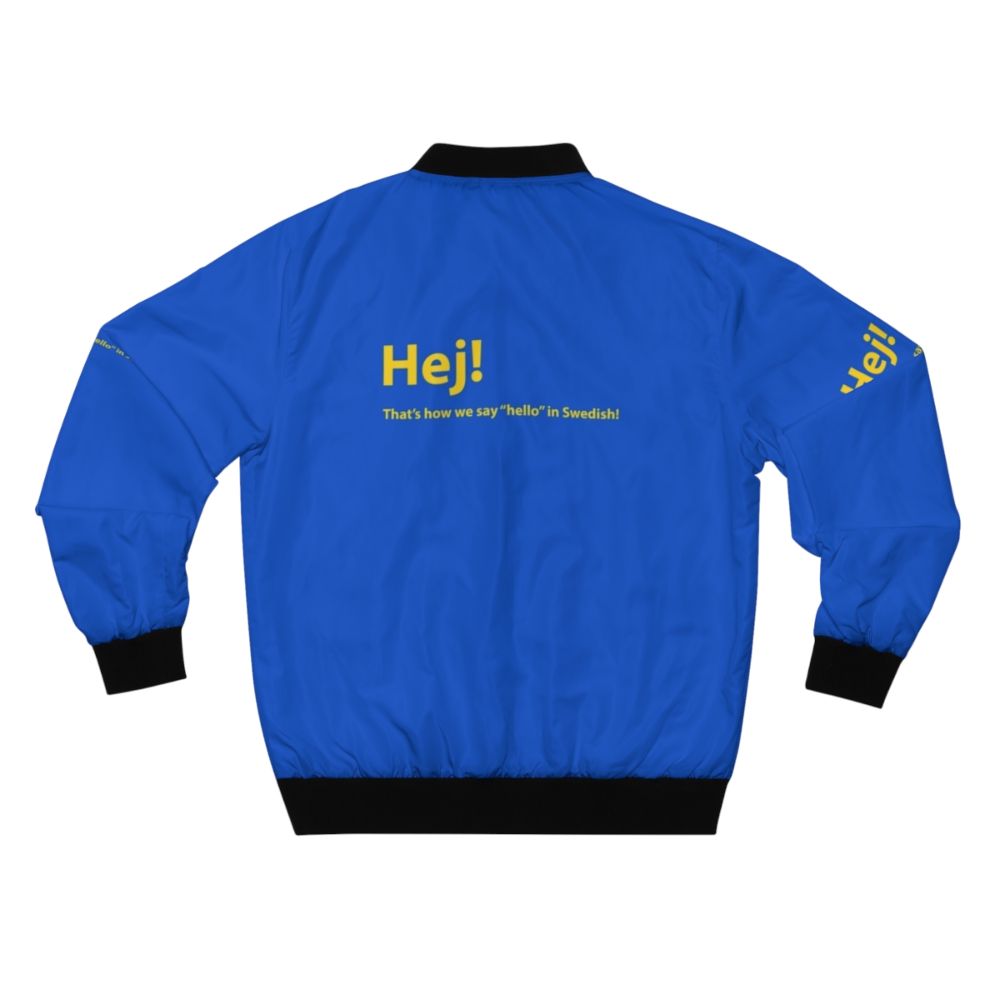 Swedish-inspired bomber jacket in yellow and blue with text and graphics. - Back