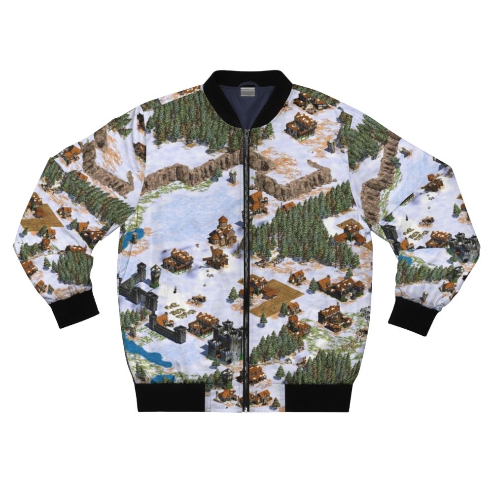 Vintage-style bomber jacket featuring the Age of Empires game logo and snowy landscape design