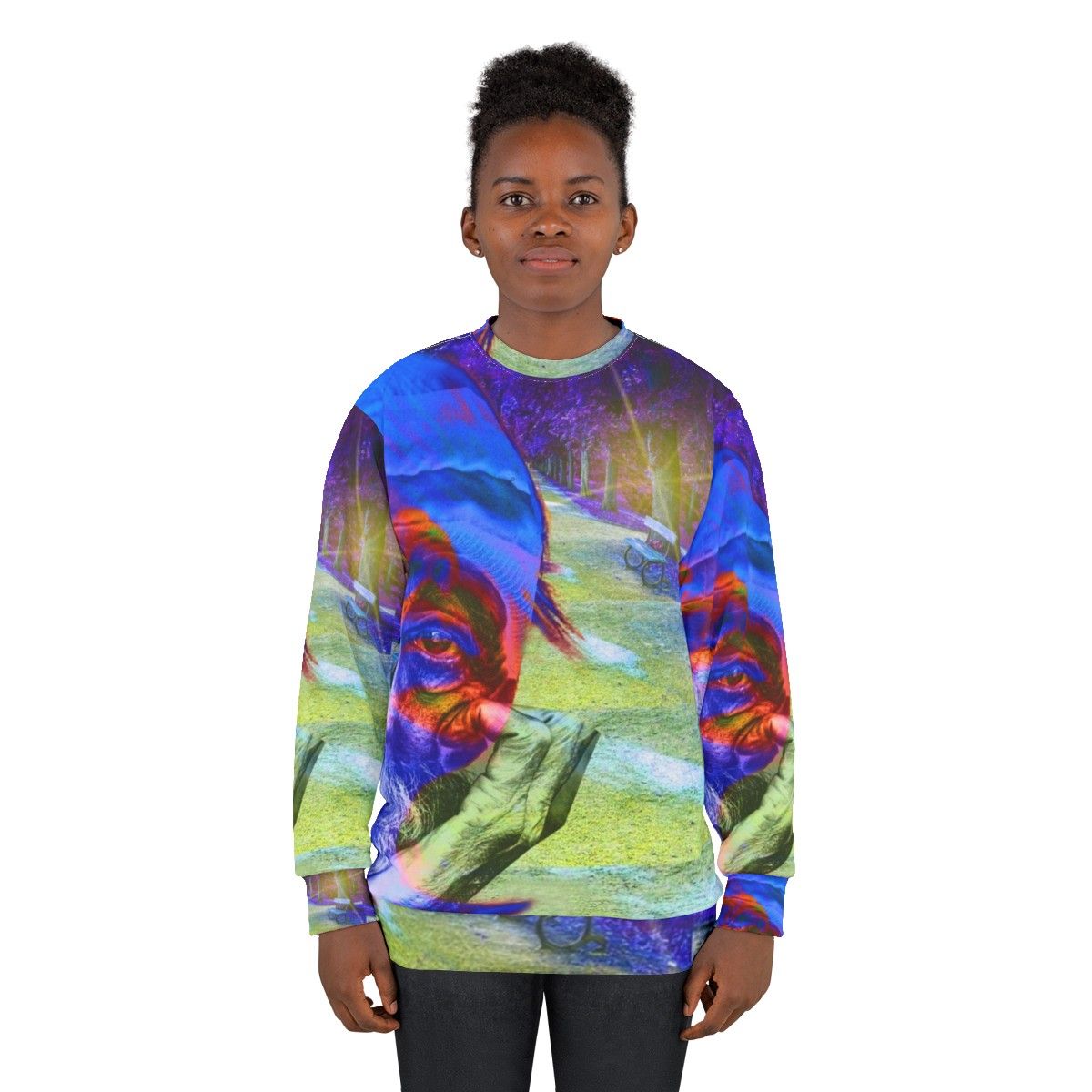 Homelessness awareness sweatshirt with colorful abstract patterns and typography - women