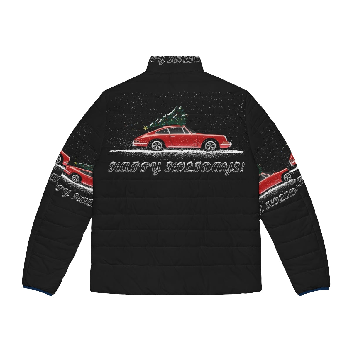 Stylish Porsche 911 puffer jacket with snowy winter and holiday imagery - Back