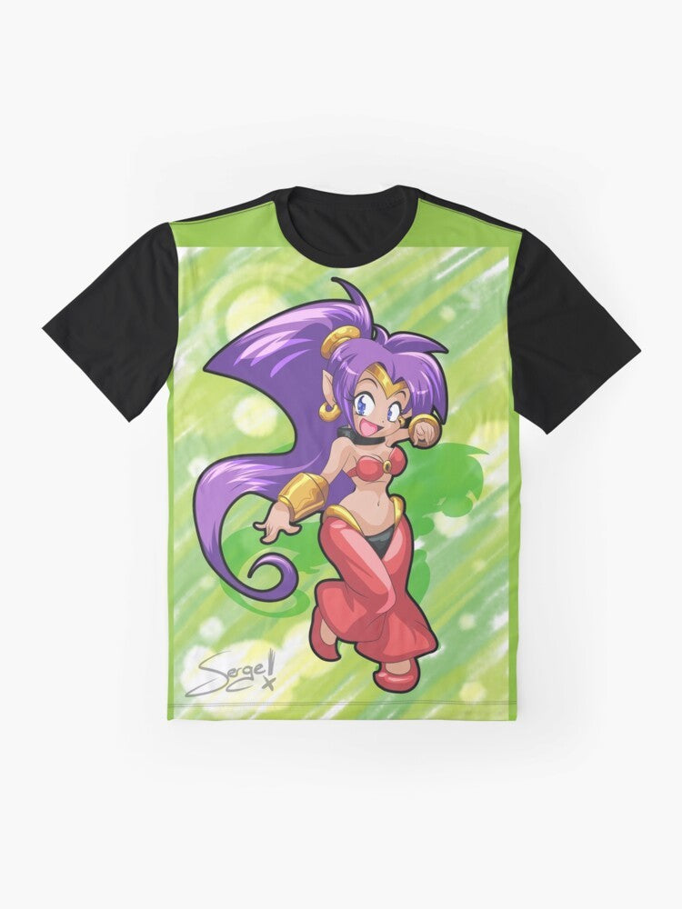 Shantae, the half genie hero, in a chibi-style graphic design on a t-shirt - Flat lay