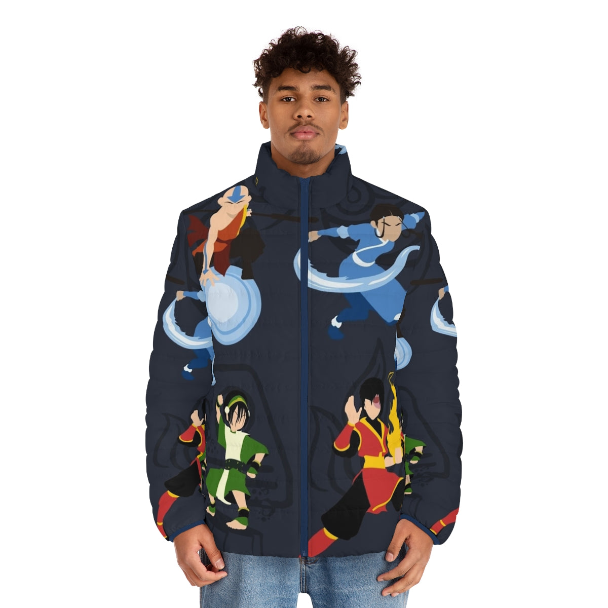 Minimalist puffer jacket with avatar and the last airbender design elements - men front