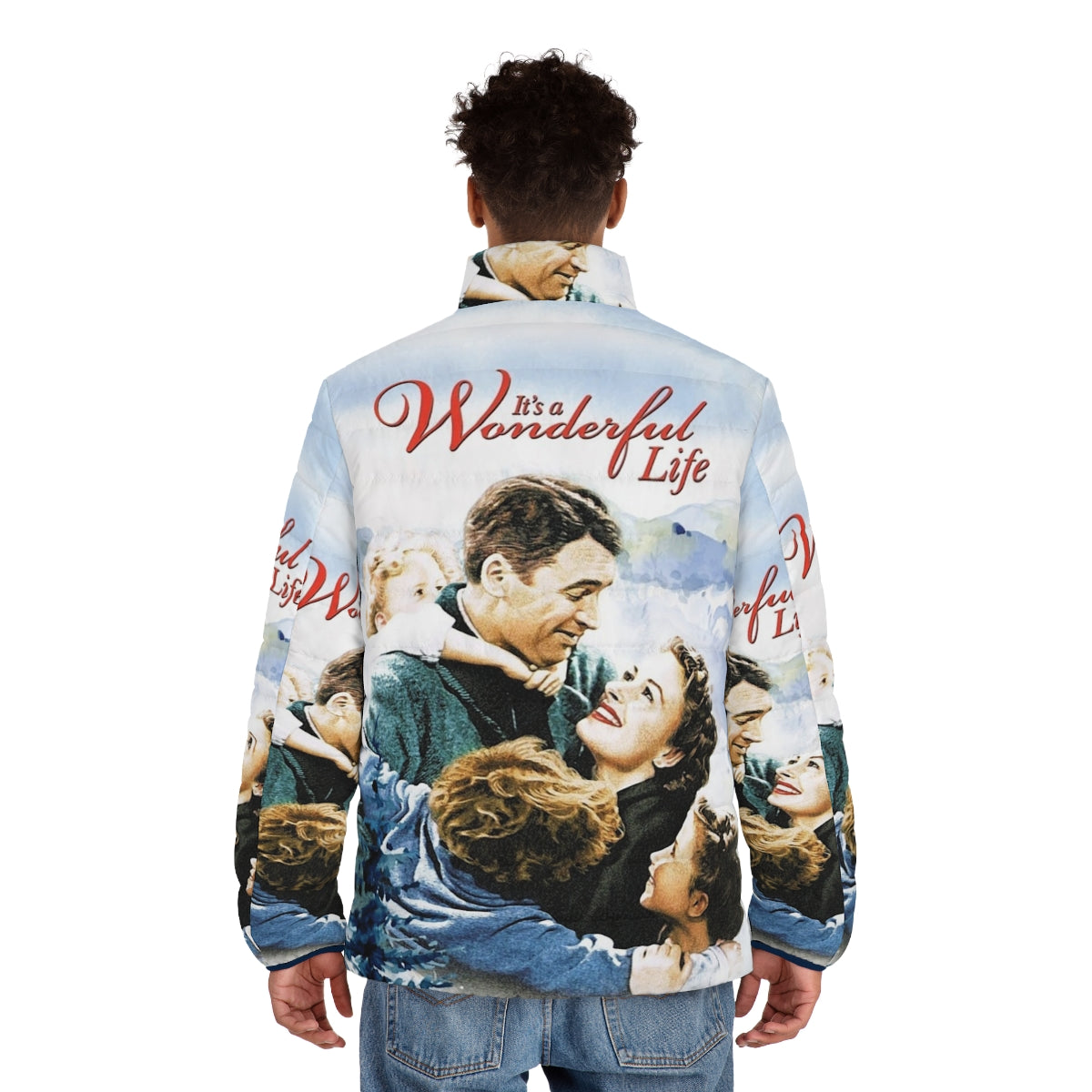 Cozy puffer jacket featuring a scenic winter landscape from the classic Christmas movie 'It's a Wonderful Life' - men back