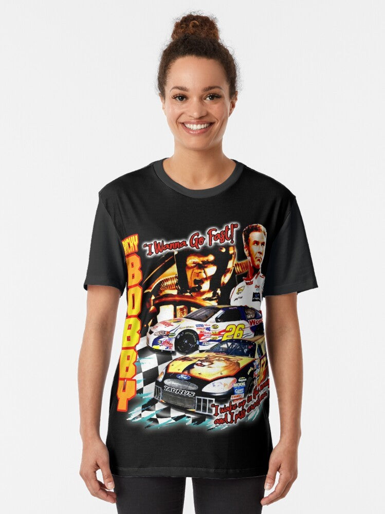 A vintage-style graphic t-shirt featuring the iconic Ricky Bobby from the hit movie Talladega Nights. - Women