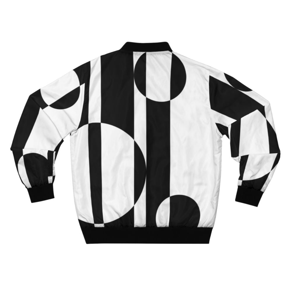 Retro 1960s black and white op art bomber jacket with geometric patterns and color block design - Back