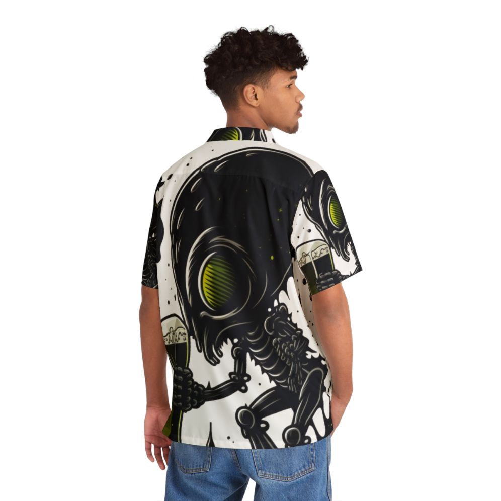 Alien Beer Lover Hawaiian Shirt with Drinking Theme - Flat lay