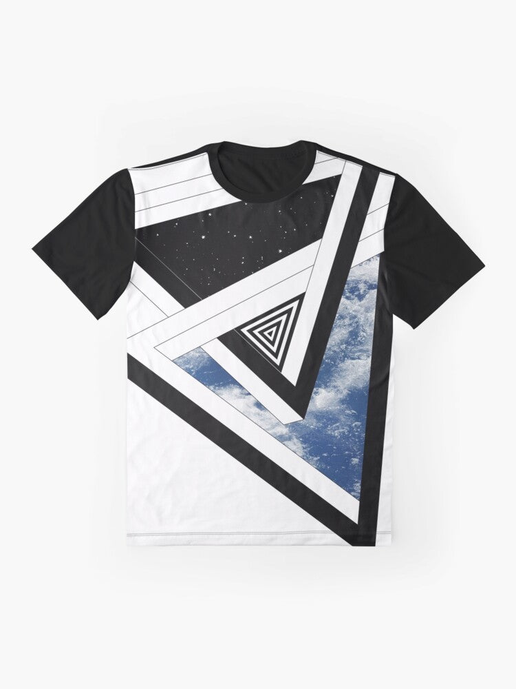 Conceptual graphic t-shirt design featuring a geometric pattern of space, stars, sky, ocean, and waves - Flat lay