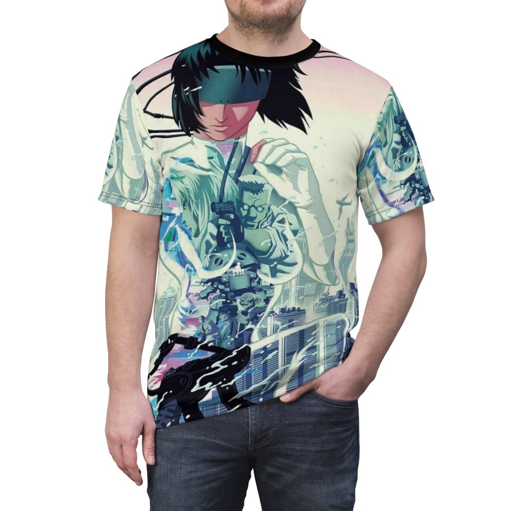 Anime-inspired t-shirt featuring cyberpunk-style manga art design - men front