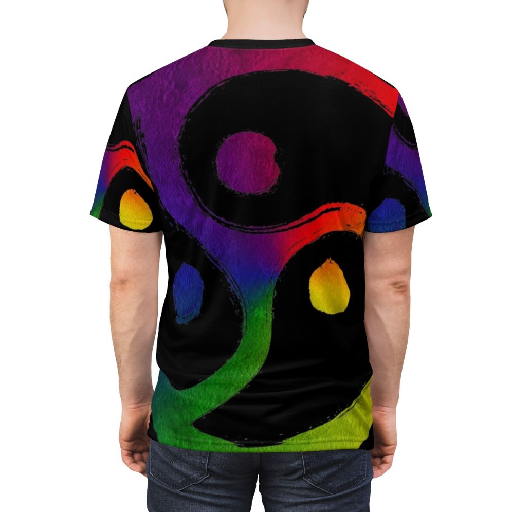 Colorful LGBTQIA+ Triskelion T-shirt design featuring a triskelion symbol, rainbow colors, and inclusive language. - men back