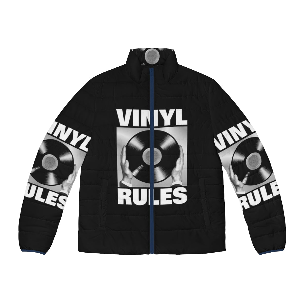 Vintage-inspired puffer jacket with vinyl record design