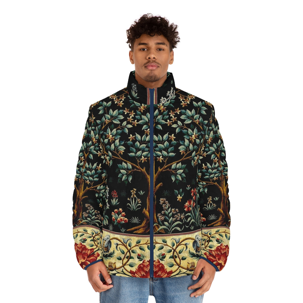 Midnight floral tapestry puffer jacket with enchanted, magical design - men front