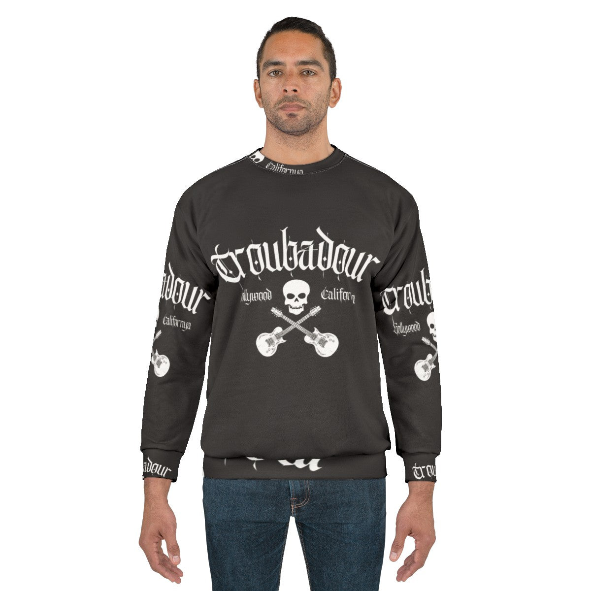 Troubadour Sweatshirt featuring classic 80s rock band skull graphic - men