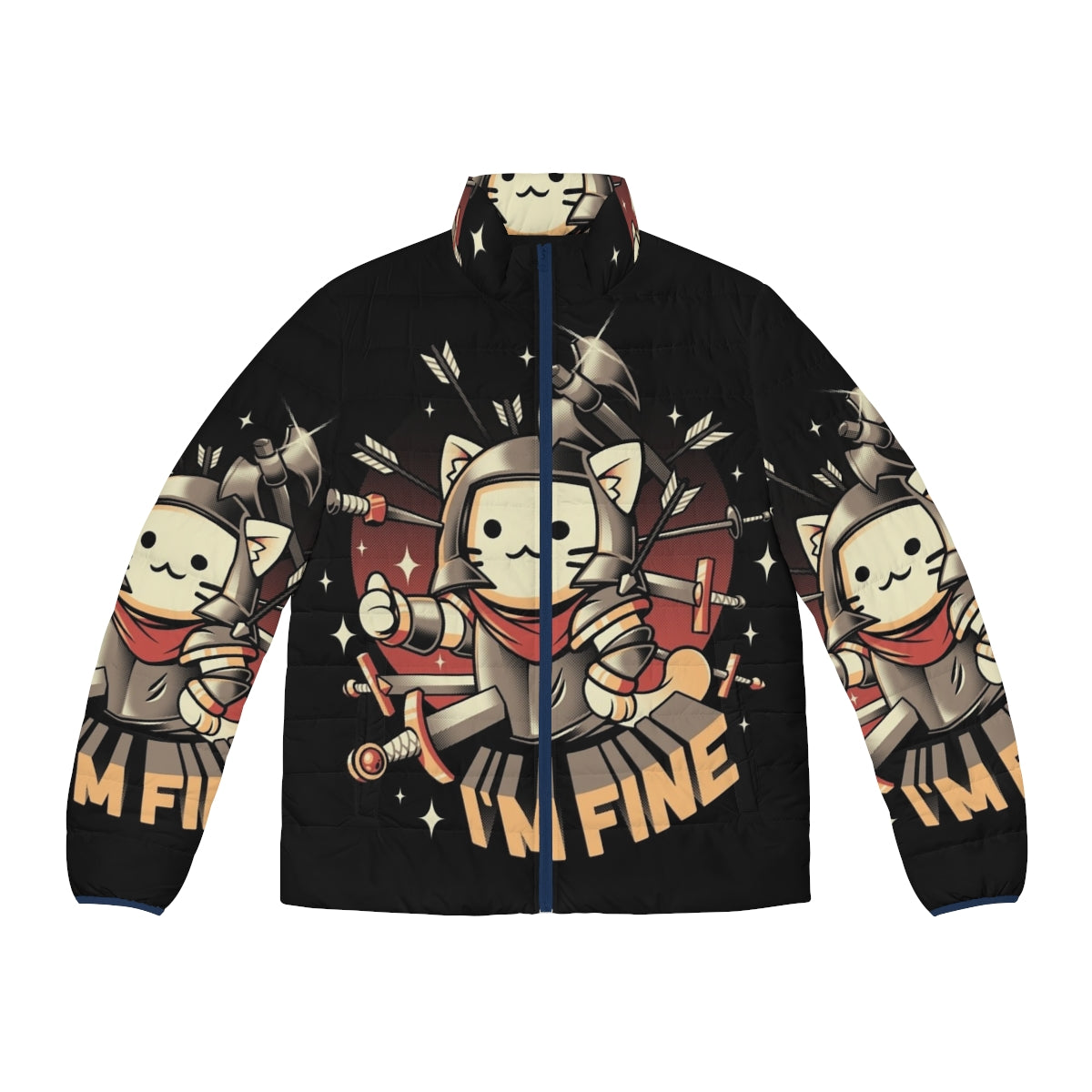 Cute "I'm Fine" puffer jacket with cat knight design for anime and manga lovers