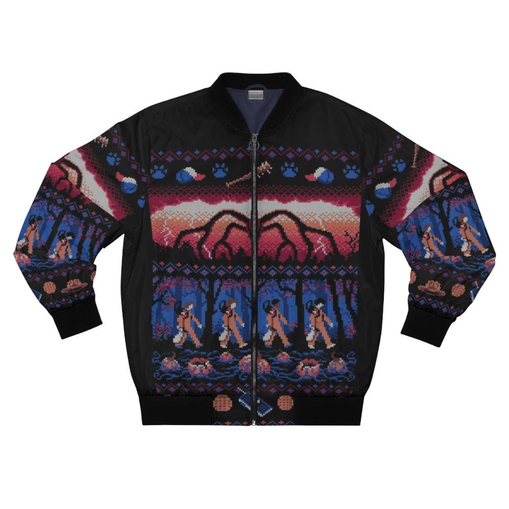 Stranger Things inspired ugly Christmas sweater bomber jacket with mind flayer design