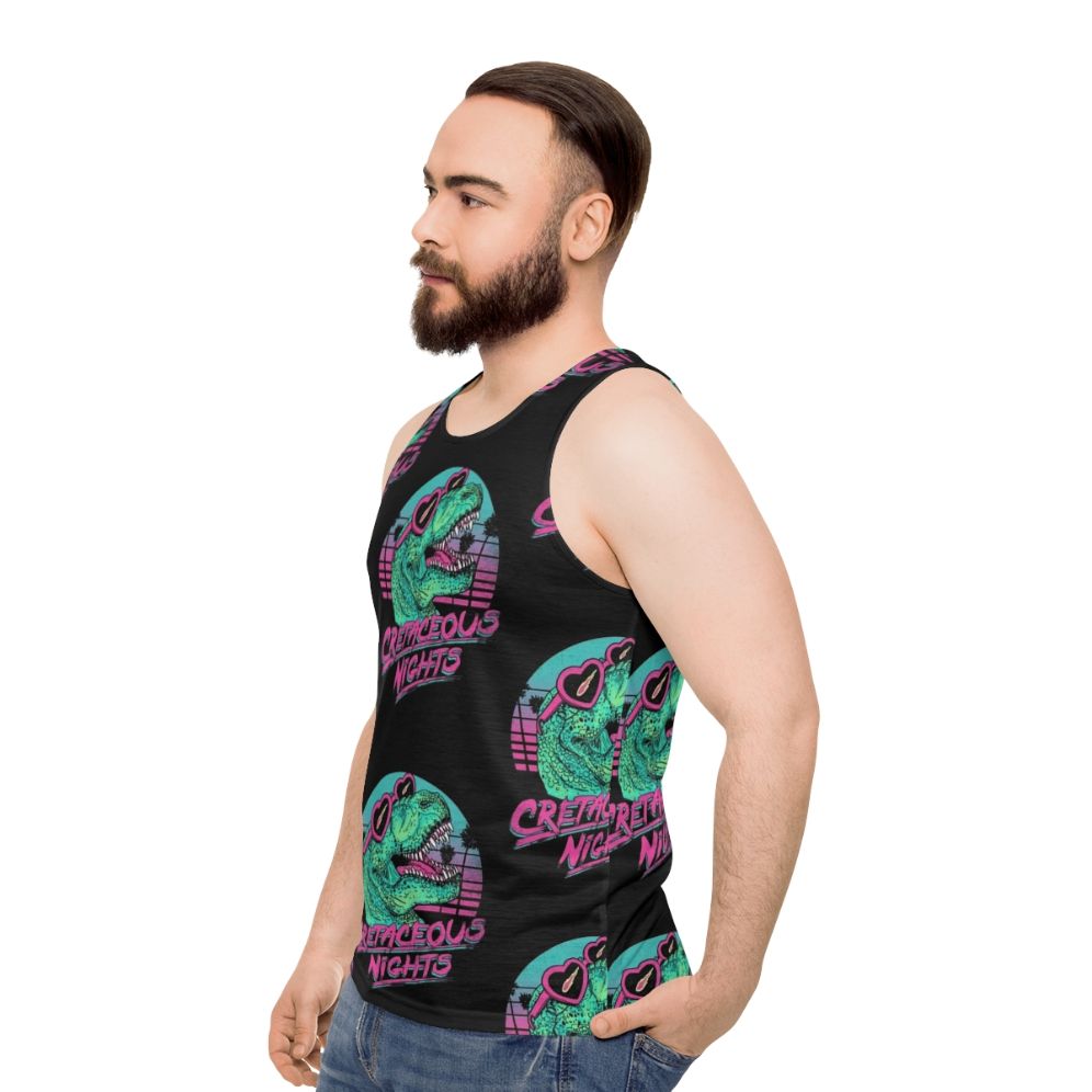 Tyrannosaurus rex dinosaur graphic on a retro-style unisex tank top - men side