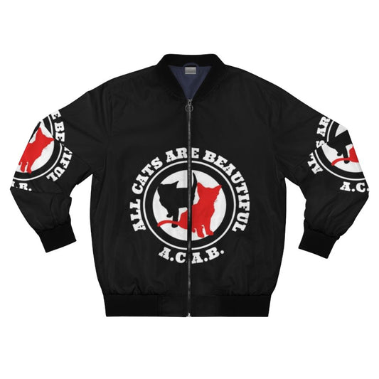 "All Cats Are Beautiful" Bomber Jacket with cat, activism, and revolution graphics