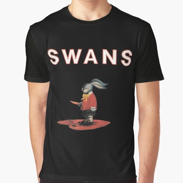 Swan graphic design on a black t-shirt for alternative rock music fans