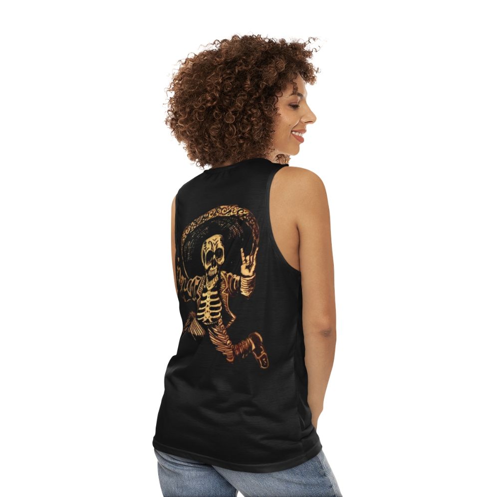 day of the dead tank top with posada mexican folk art and sugar skull design - women back