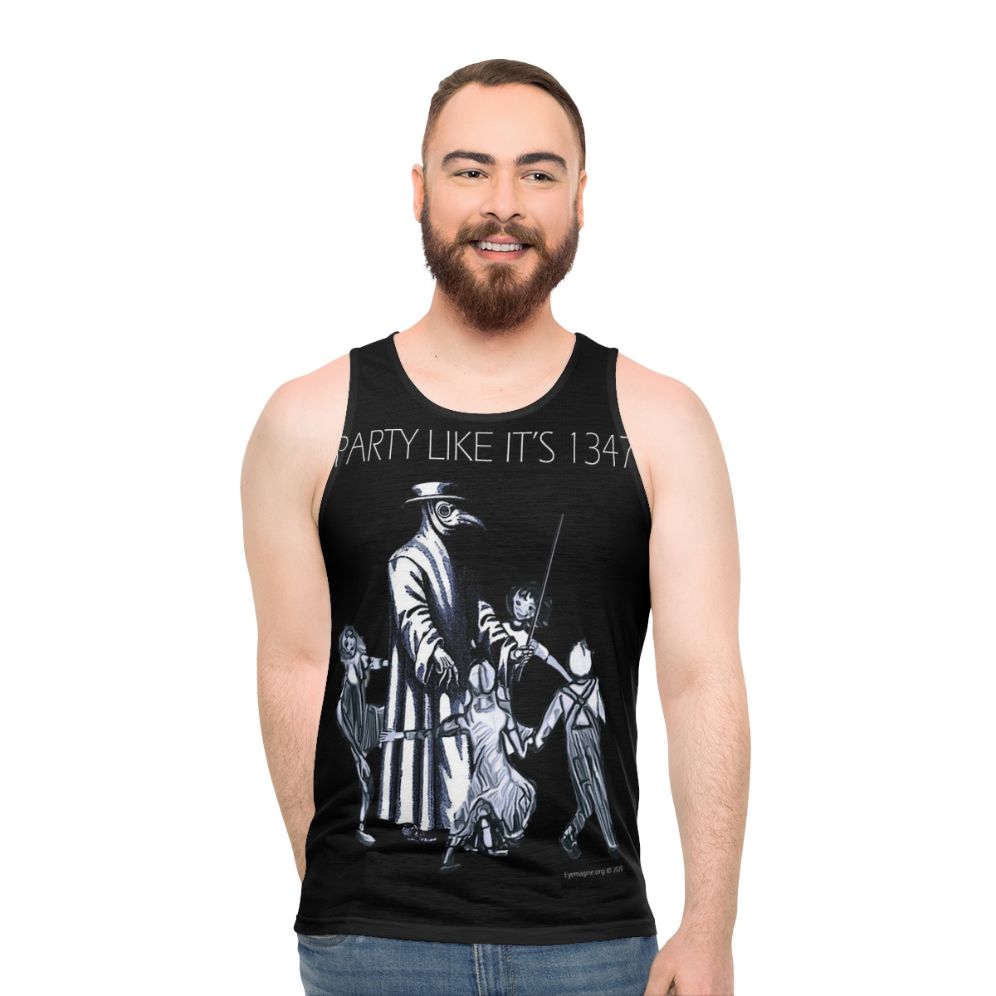 "Party Like It's 1347" unisex tank top featuring plague doctor design - men