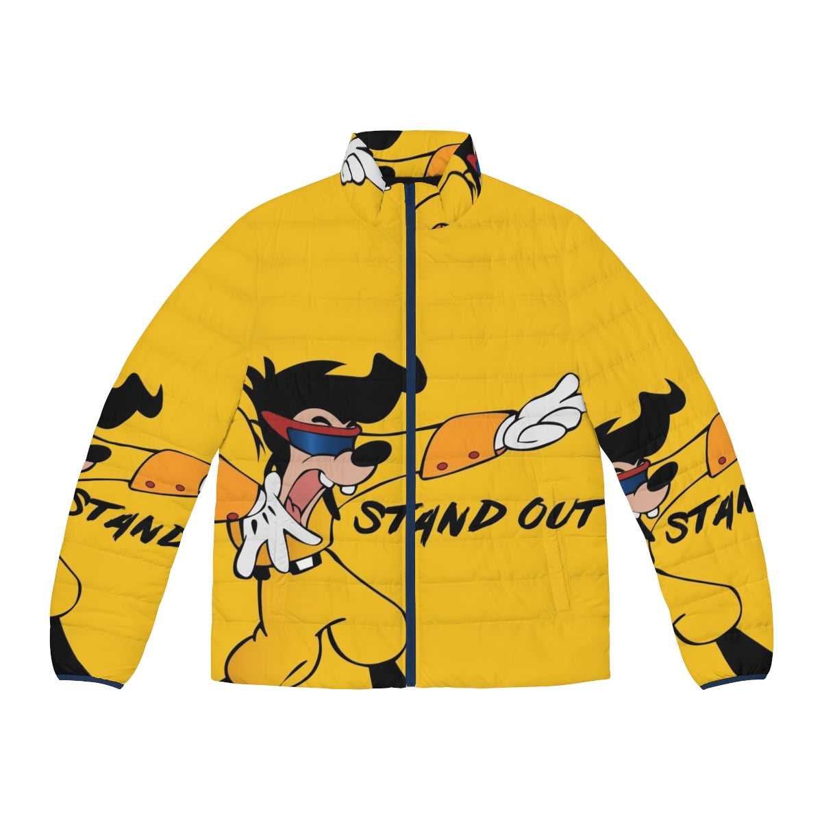 Vibrant and eye-catching "Stand Out" puffer jacket inspired by 90s cartoons and movies