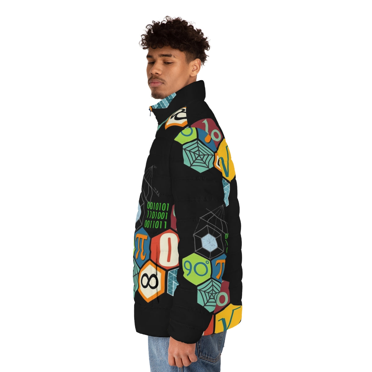 Math Puffer Jacket with geometric patterns and mathematical symbols - men side left