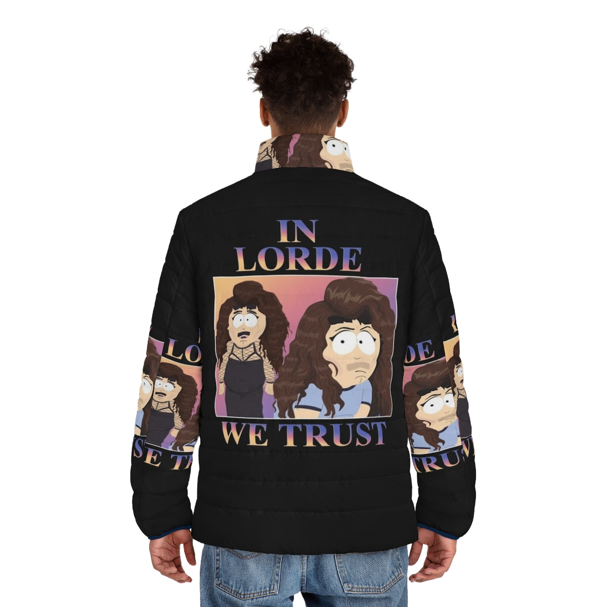 Lorde-inspired puffer jacket with "In Lorde We Trust" graphic - men back