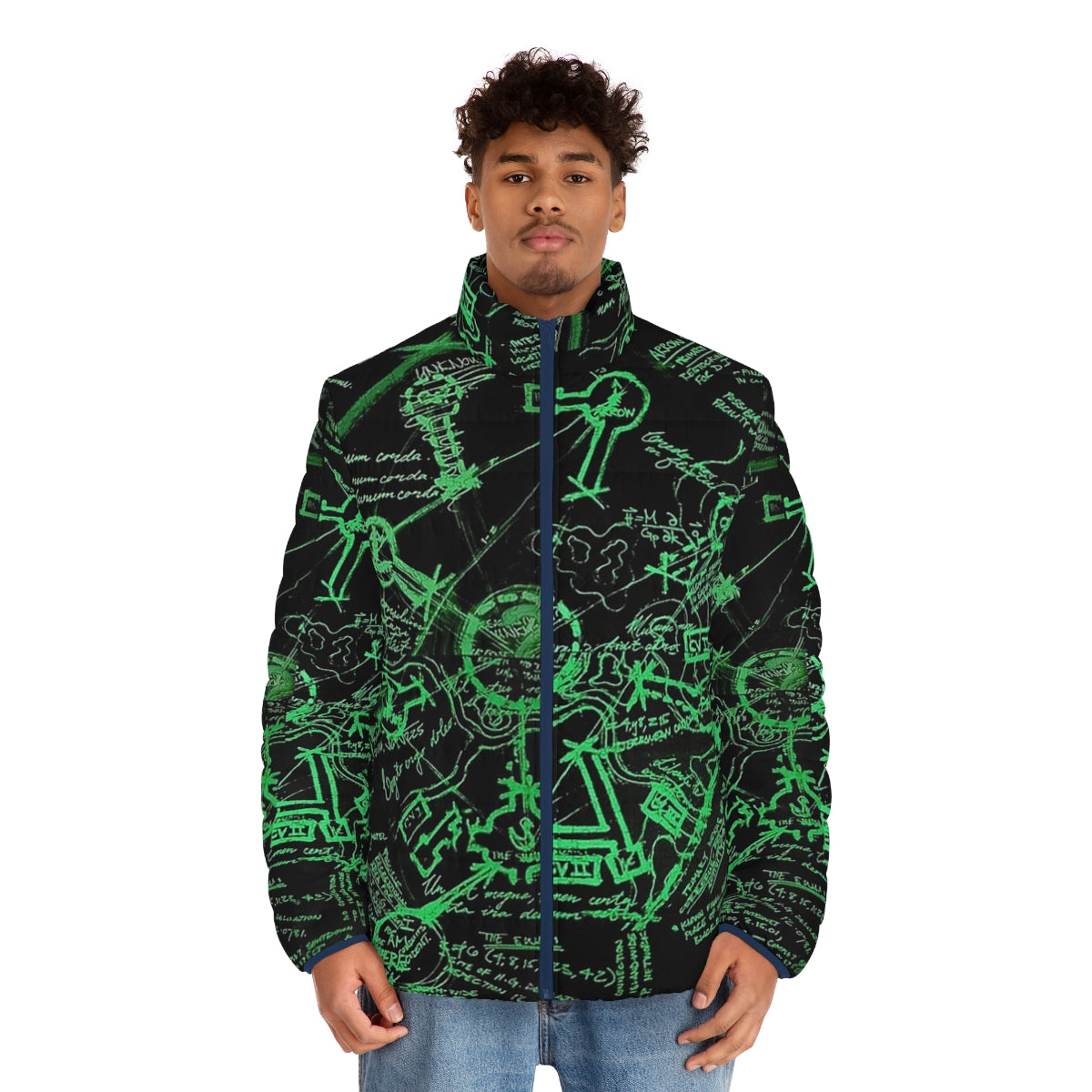 Día de los Muertos puffer jacket with sugar skull, skeleton, and floral design - men front