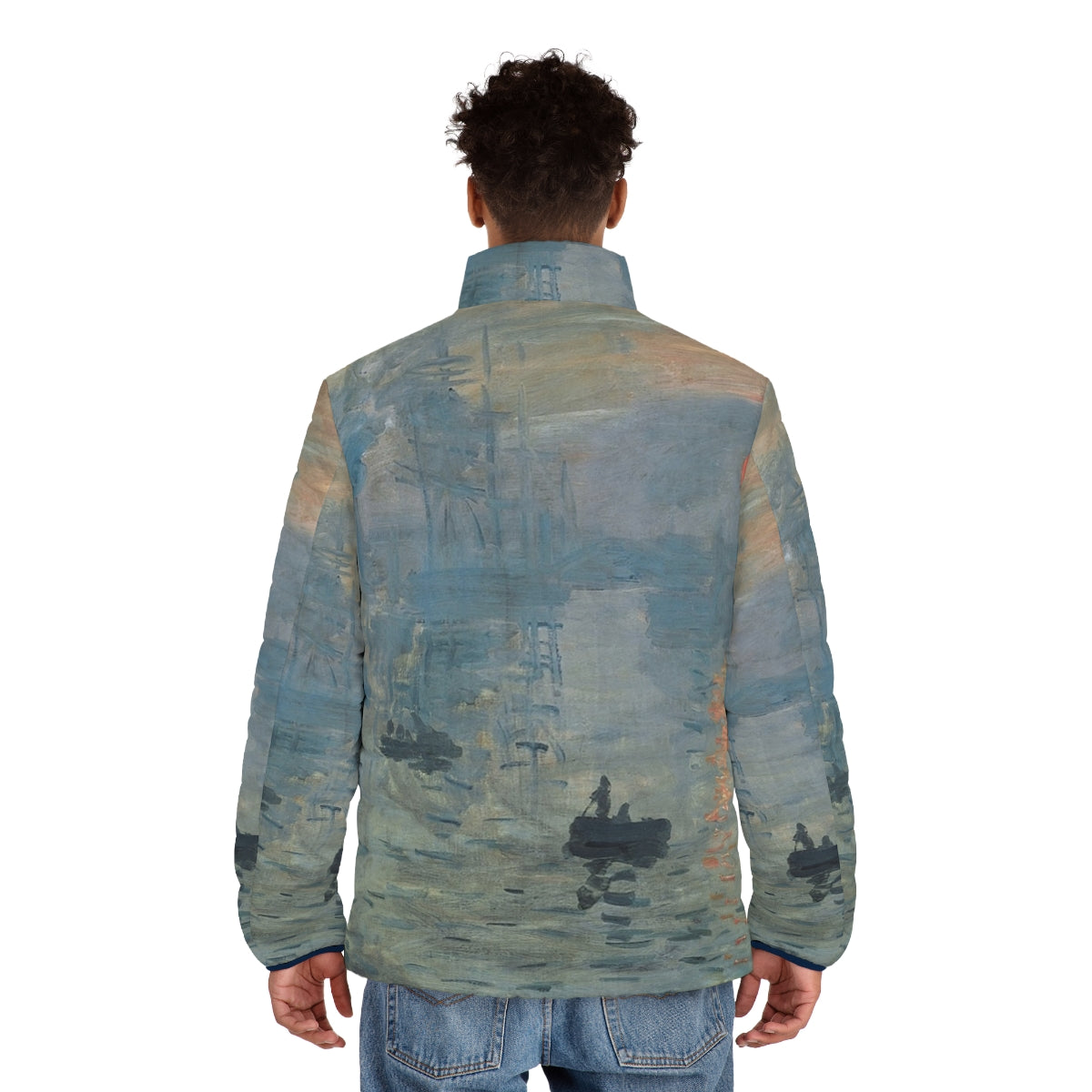 Claude Monet's Impression, Sunrise fine art puffer jacket with impressionist painting - men back