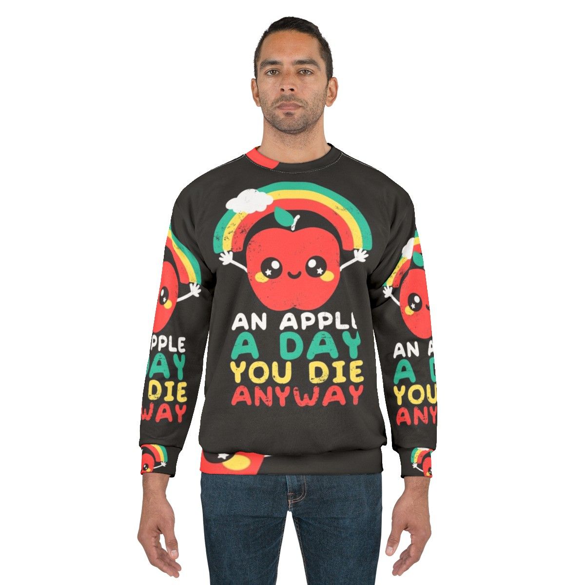 Sarcastic "An Apple a Day" Dark Humor Sweatshirt with Kawaii Rainbow Apple - men