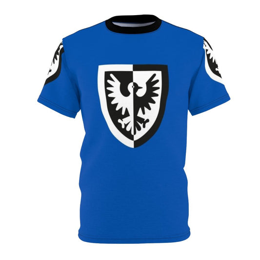 Vintage-style t-shirt featuring the iconic Black Falcons emblem from classic Lego castle sets