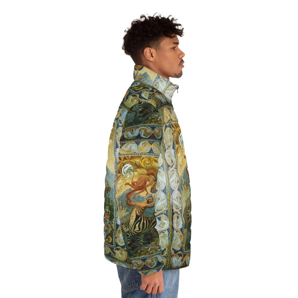 Oliver Grimley's fantasy art puffer jacket featuring vibrant and epic imagery - men side right