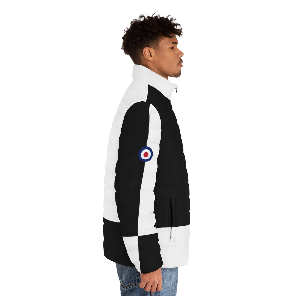 Mod-inspired black and white puffer jacket with mod logo - men side right