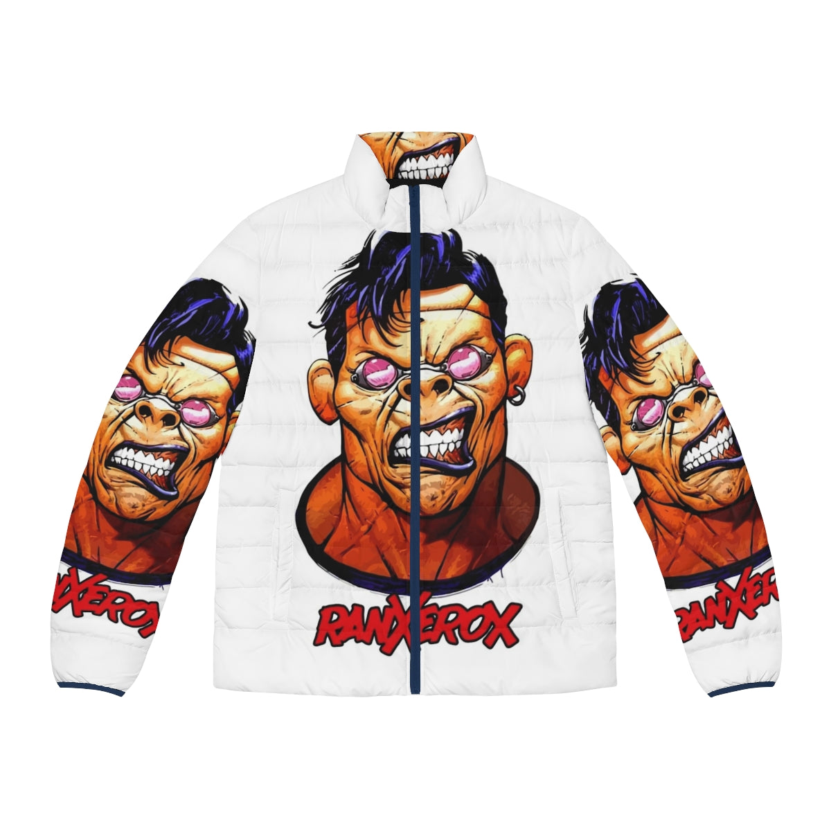 Ranxerox Head Puffer Jacket, featuring the iconic comic book character in a stylish urban design