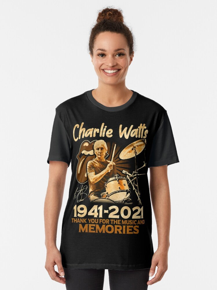 "Thank You For The Memories Charlie Watts" graphic t-shirt design featuring text and tribute to the late Rolling Stones drummer - Women