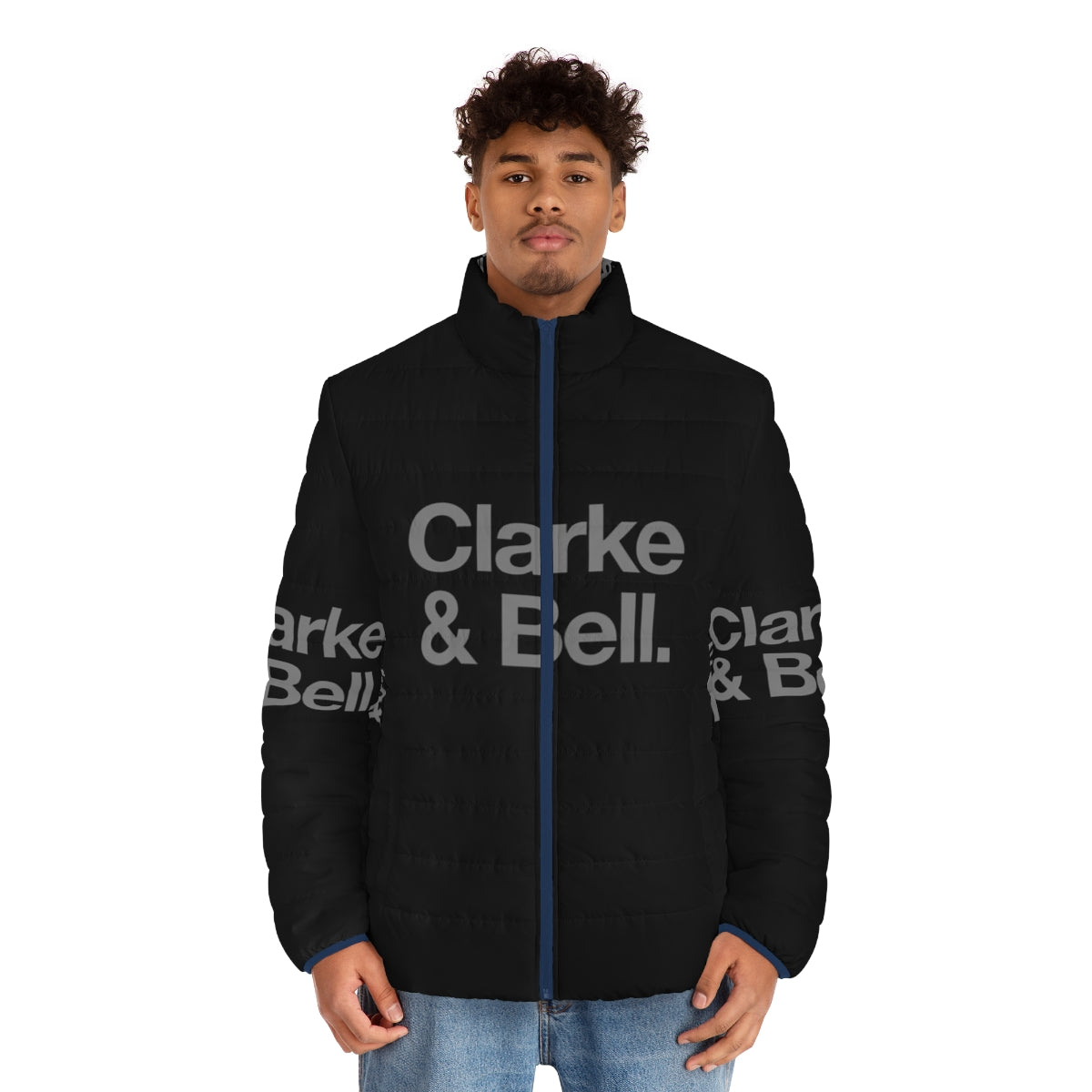 Clarke Bell 80s style puffer jacket featuring synth pop and electronic music inspired design - men front