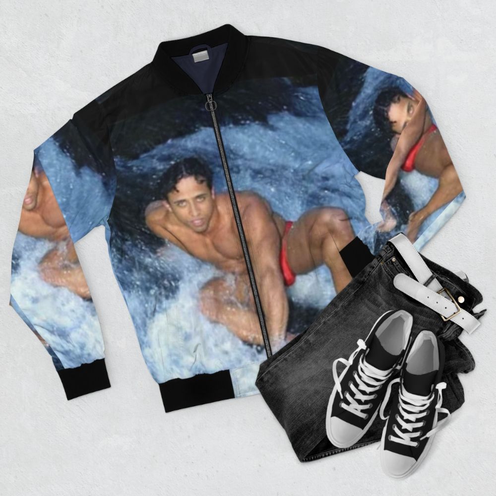 A stylish bomber jacket featuring the iconic Ricardo Milos meme design - Flat lay