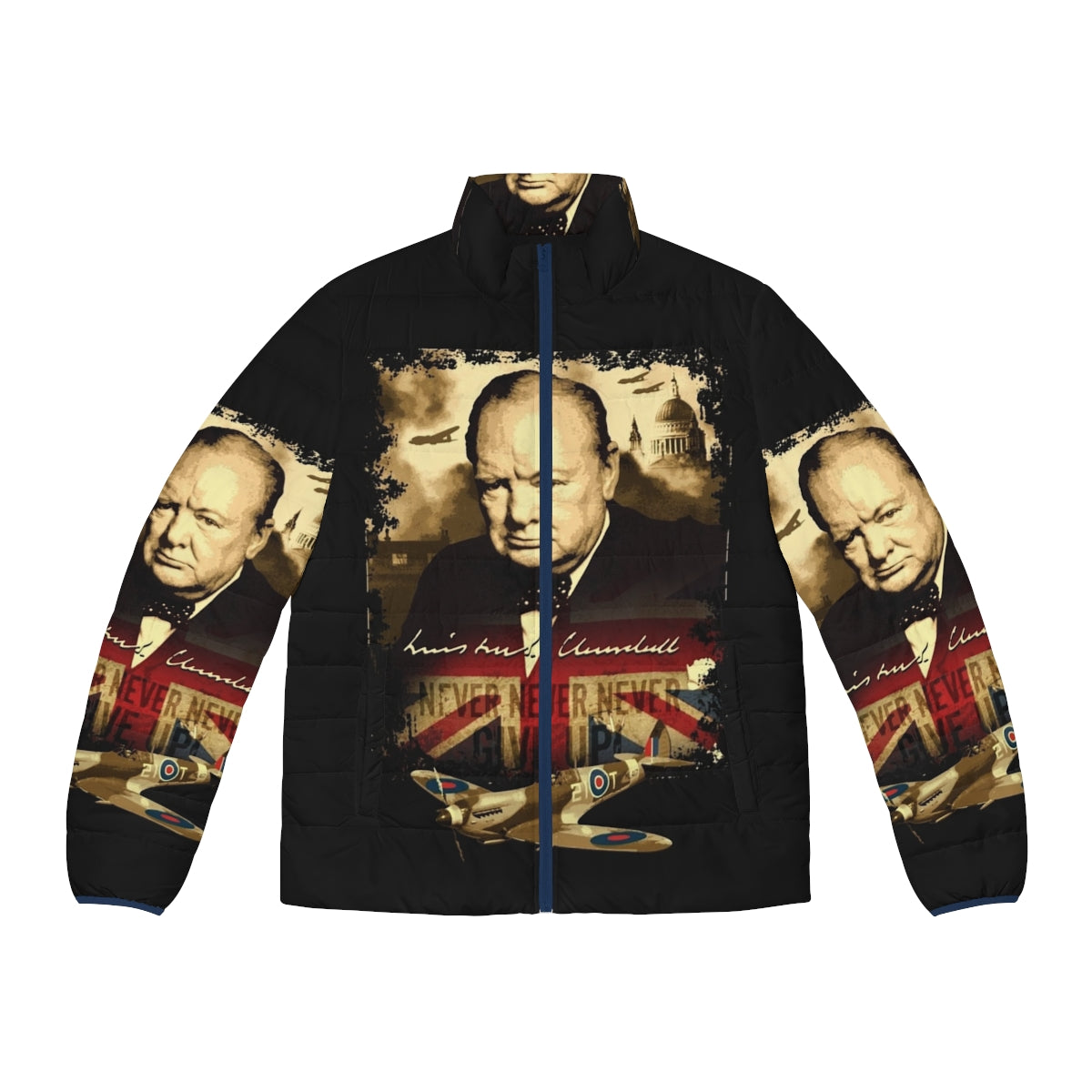 Never Give Up Winston Churchill Puffer Jacket with Spitfire Aircraft and Union Jack Flag