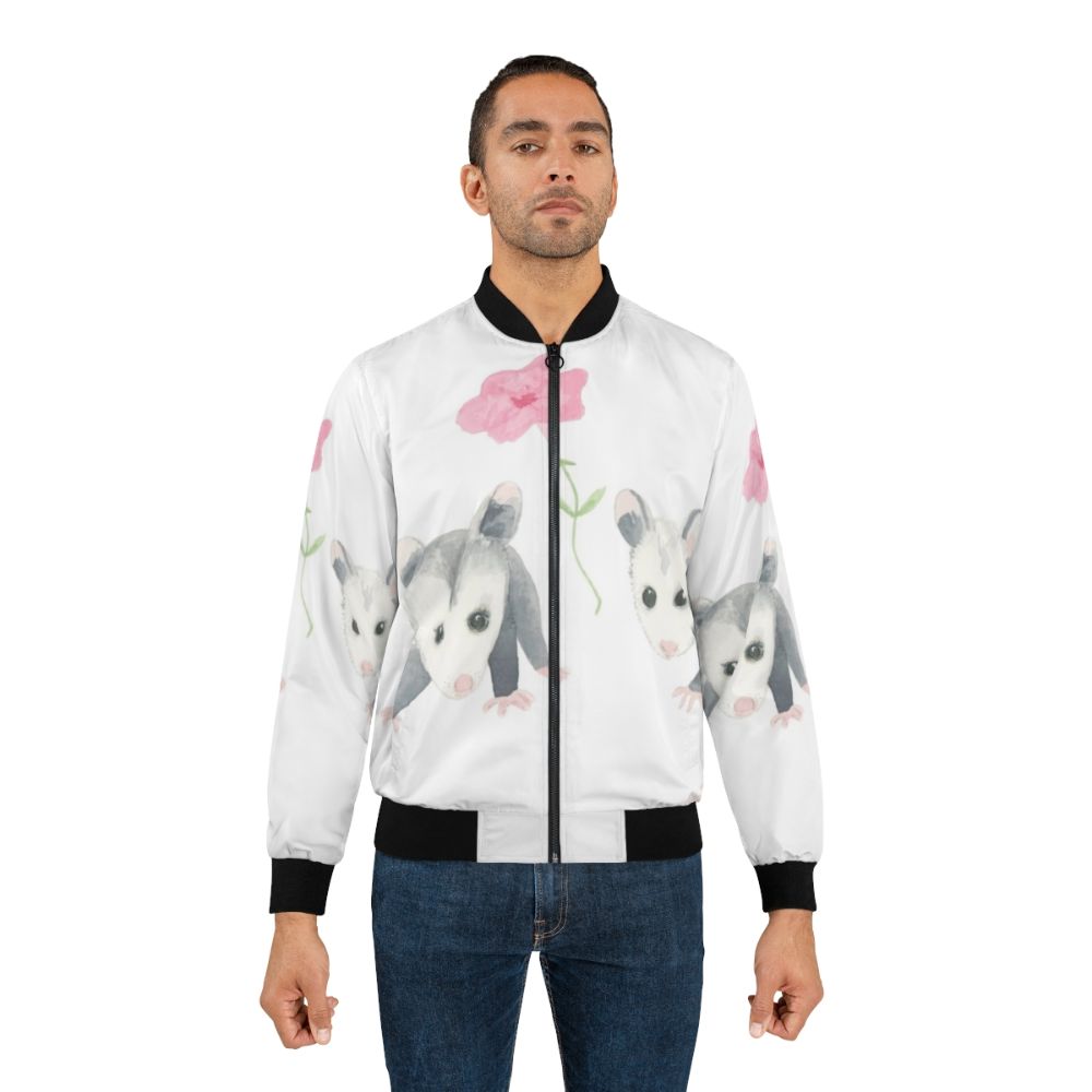 Bomber jacket with a cute baby opossum and pink petunias design - Lifestyle