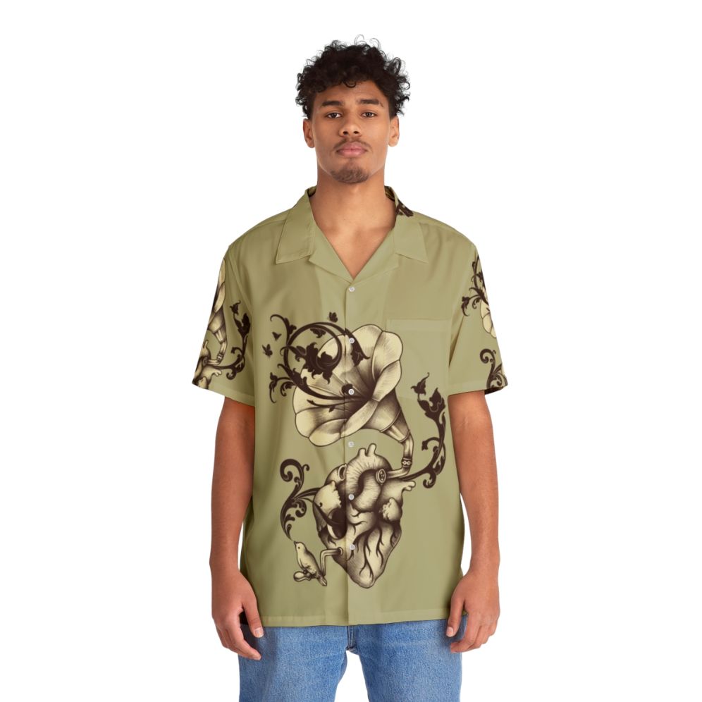 Surreal Hawaiian shirt with heart anatomy, gramophone, and nature elements - People Front