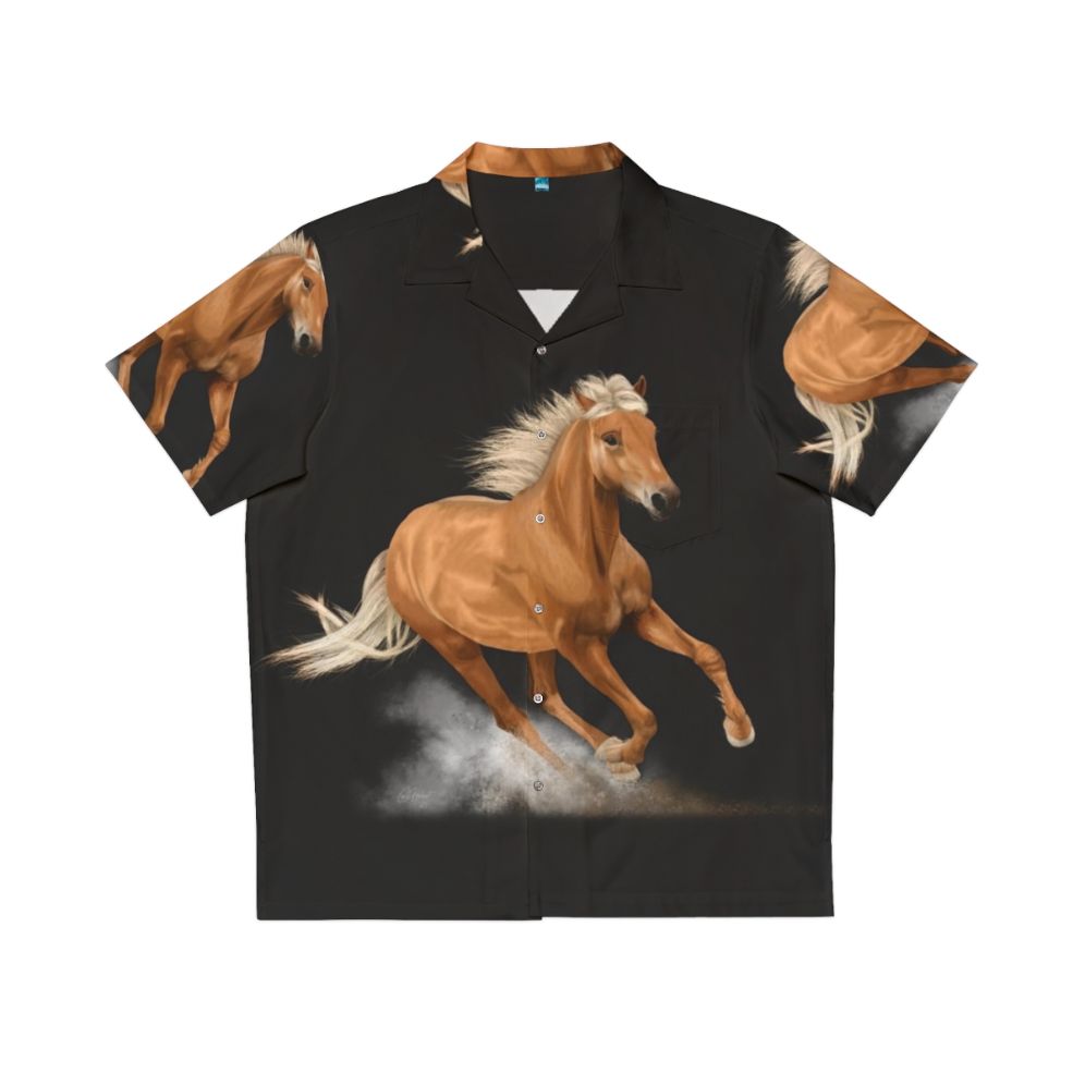 Vibrant painting of a running palomino horse on a Hawaiian shirt