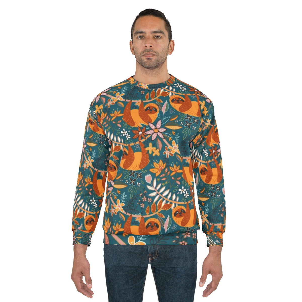 Boho floral sloth sweatshirt with teal, orange, and blush colors - men