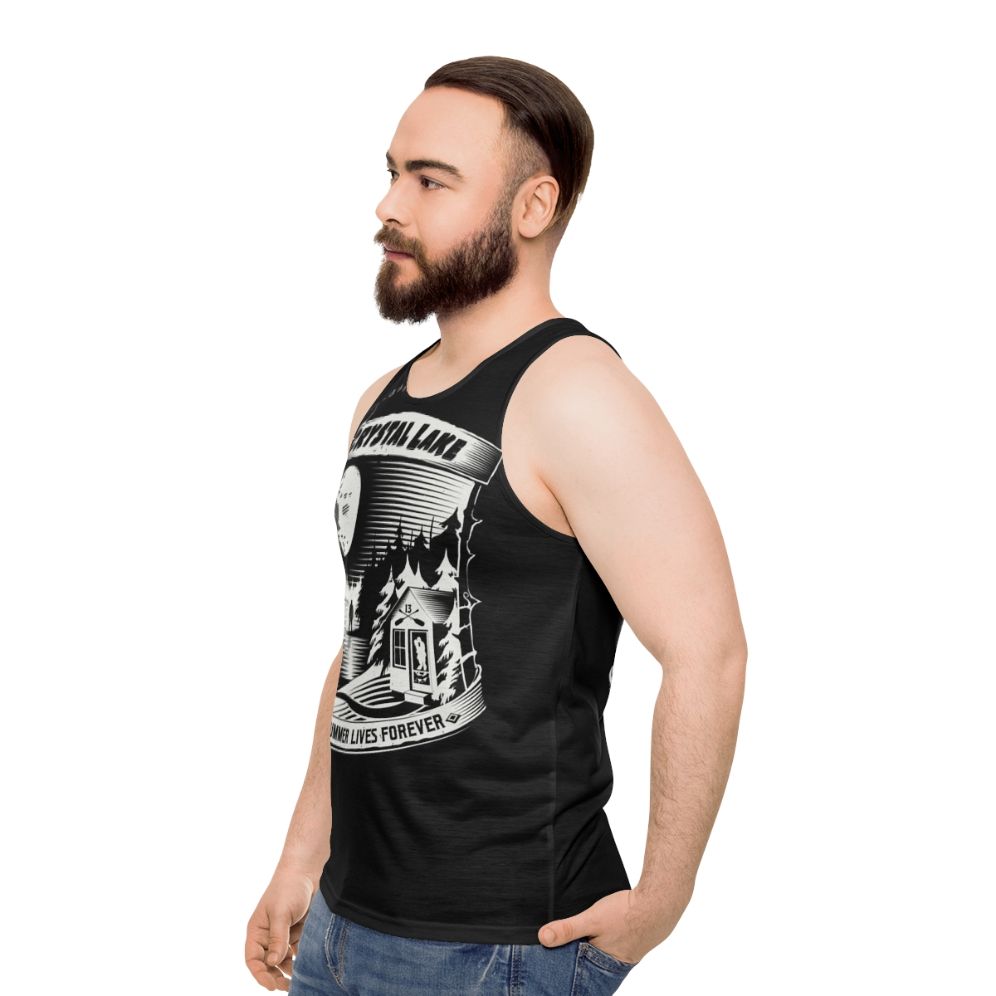 Horror movie inspired unisex tank top with "Camp Crystal Lake Where Summer Lives Forever" design - men side