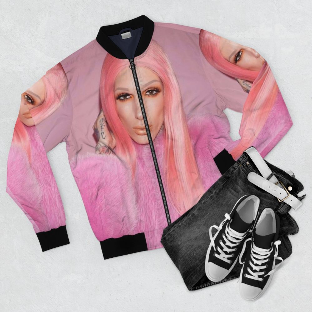 Jeffree Star Bomber Jacket with Velour Liquid Lipstick and Lip Ammunition - Flat lay