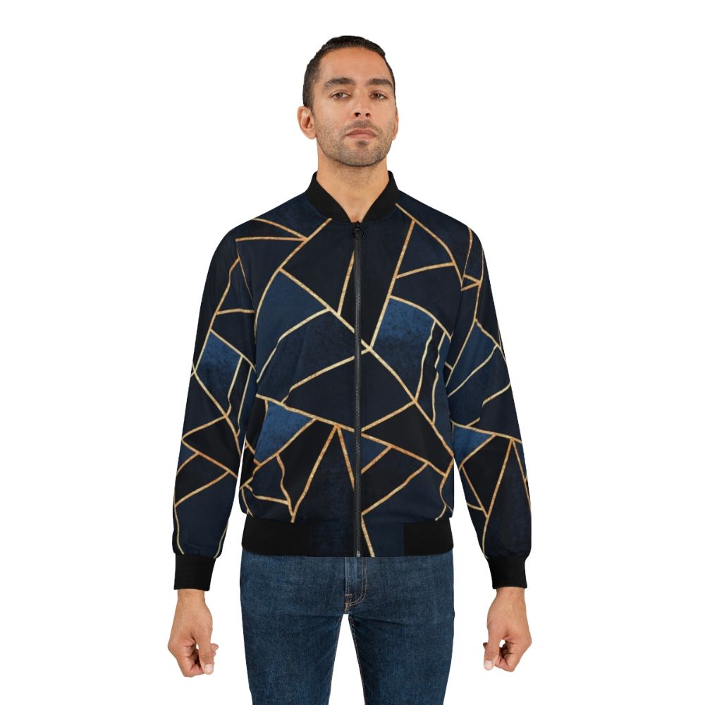 Navy blue bomber jacket with geometric, abstract patterns - Lifestyle