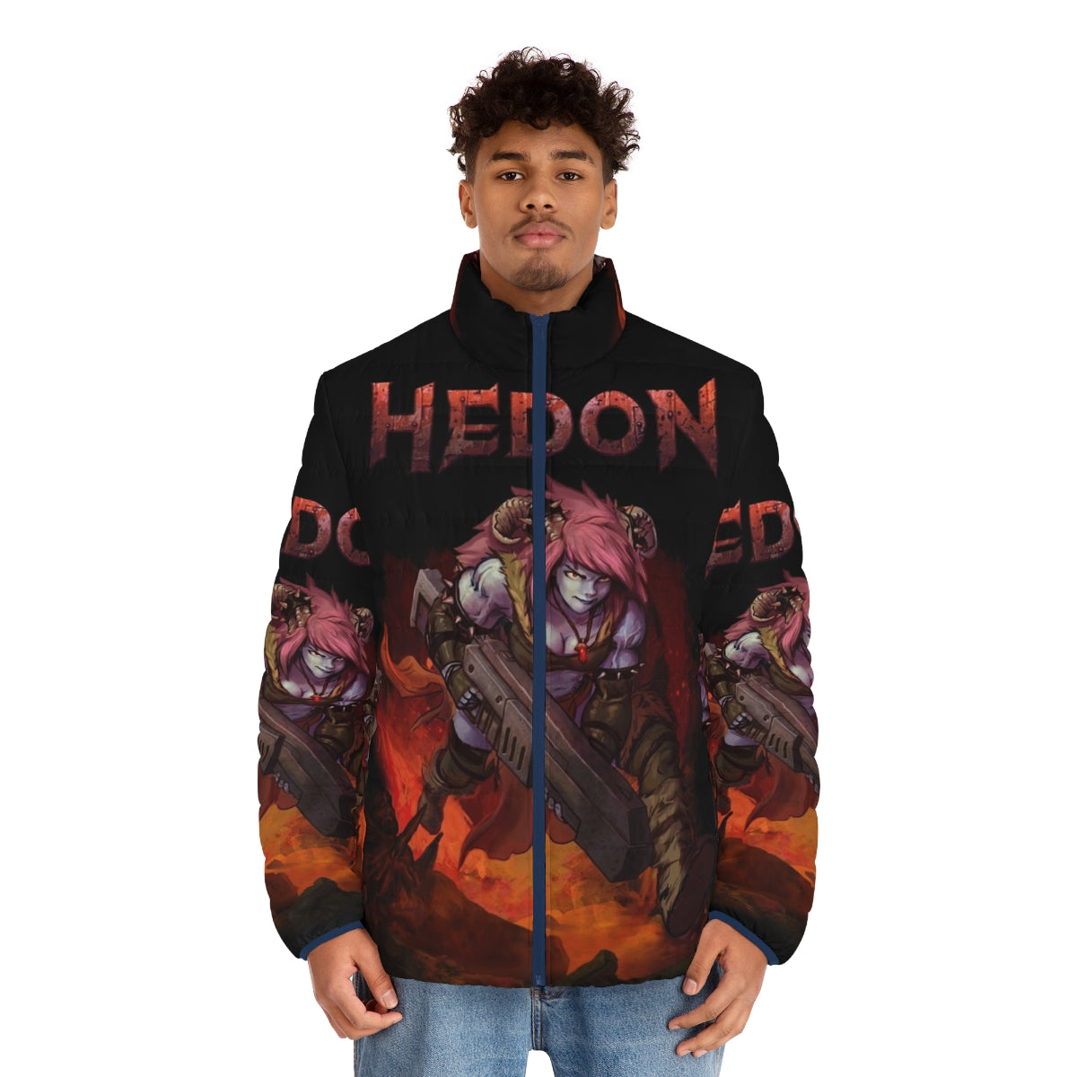 Hedon Zan fantasy puffer jacket with retro splash cover art design - men front