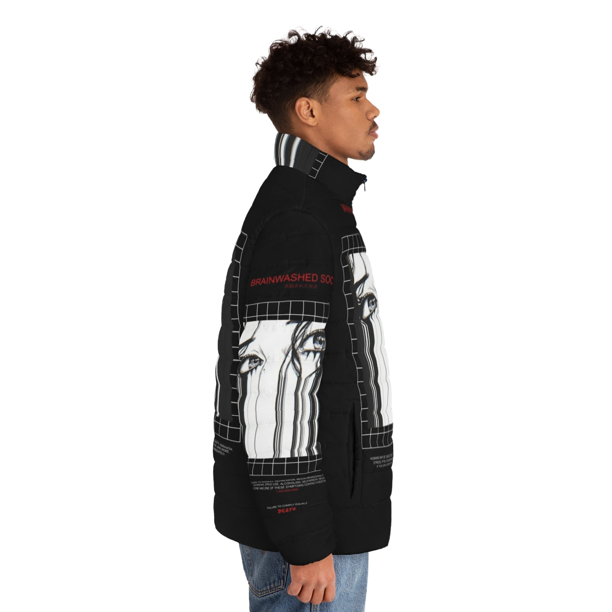 Brainwashed Society Puffer Jacket - Dark and edgy cyberpunk inspired puffer jacket - men side right