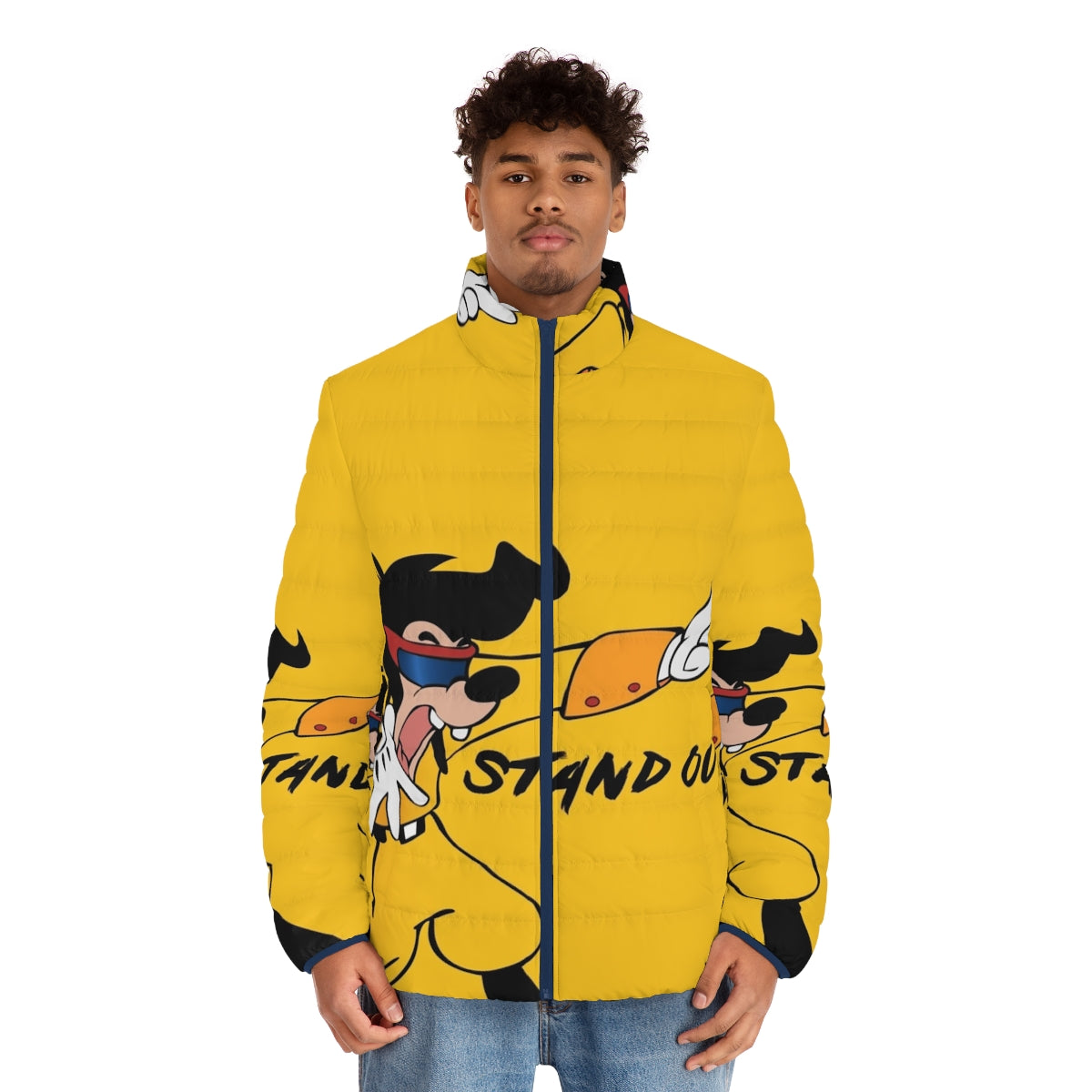 Vibrant and eye-catching "Stand Out" puffer jacket inspired by 90s cartoons and movies - men front